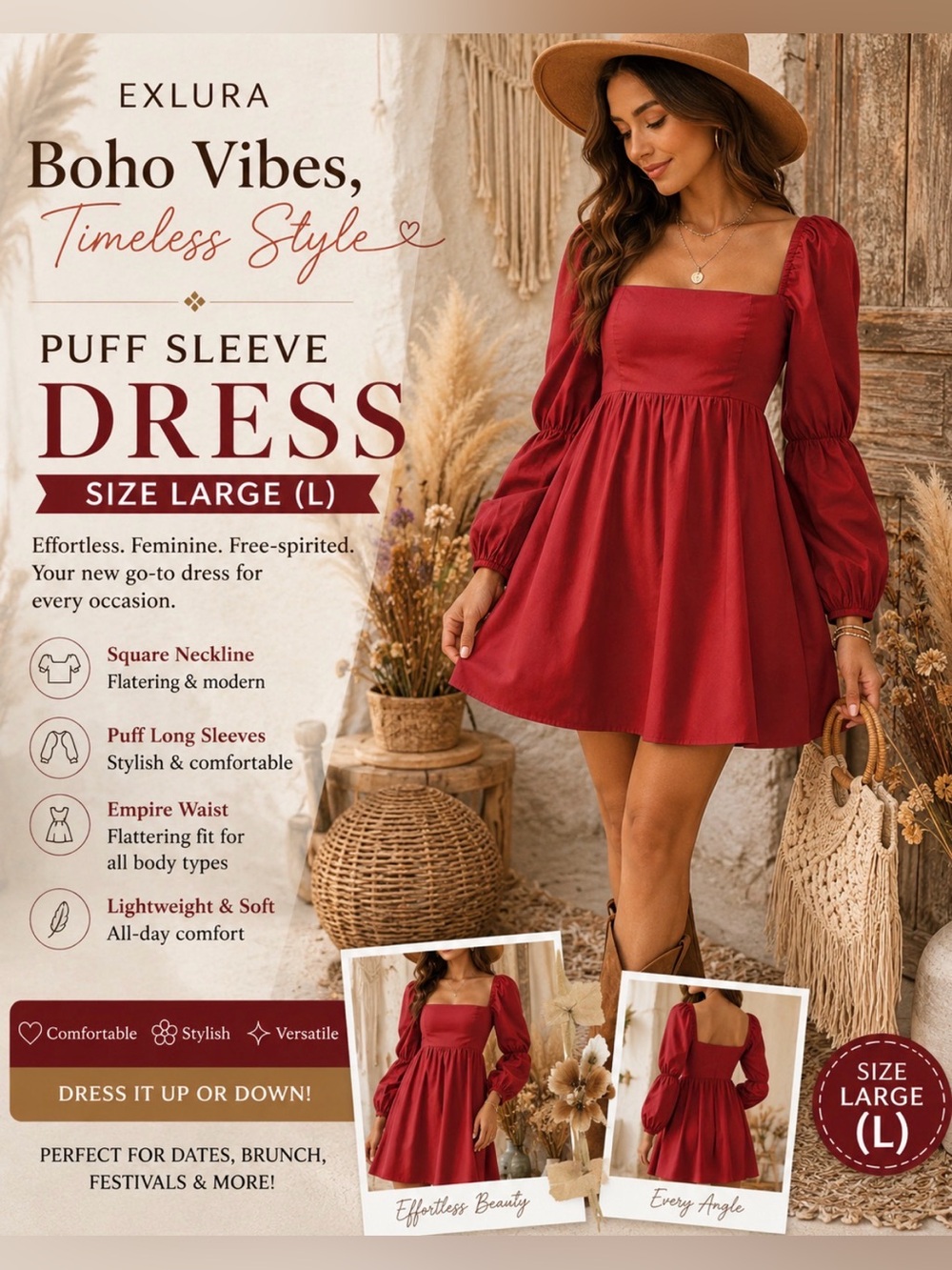 Exlura Women's Puff Sleeve Square Neck Rust Red Dress